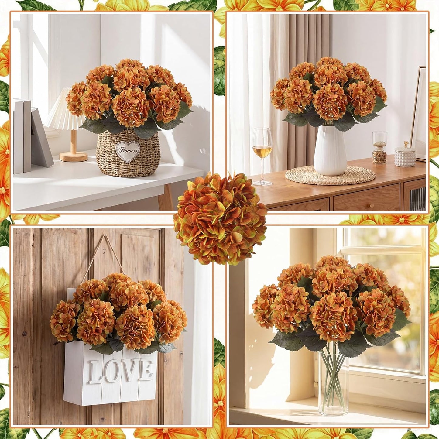 12 Pcs Hydrangea Artificial Flowers 20" Realistic Touch Faux Hydrangea Latex Flower Fake Hydrangeas with Stems for Vase Home Party Outdoor Wedding Centerpiece Bouquet(Orange)