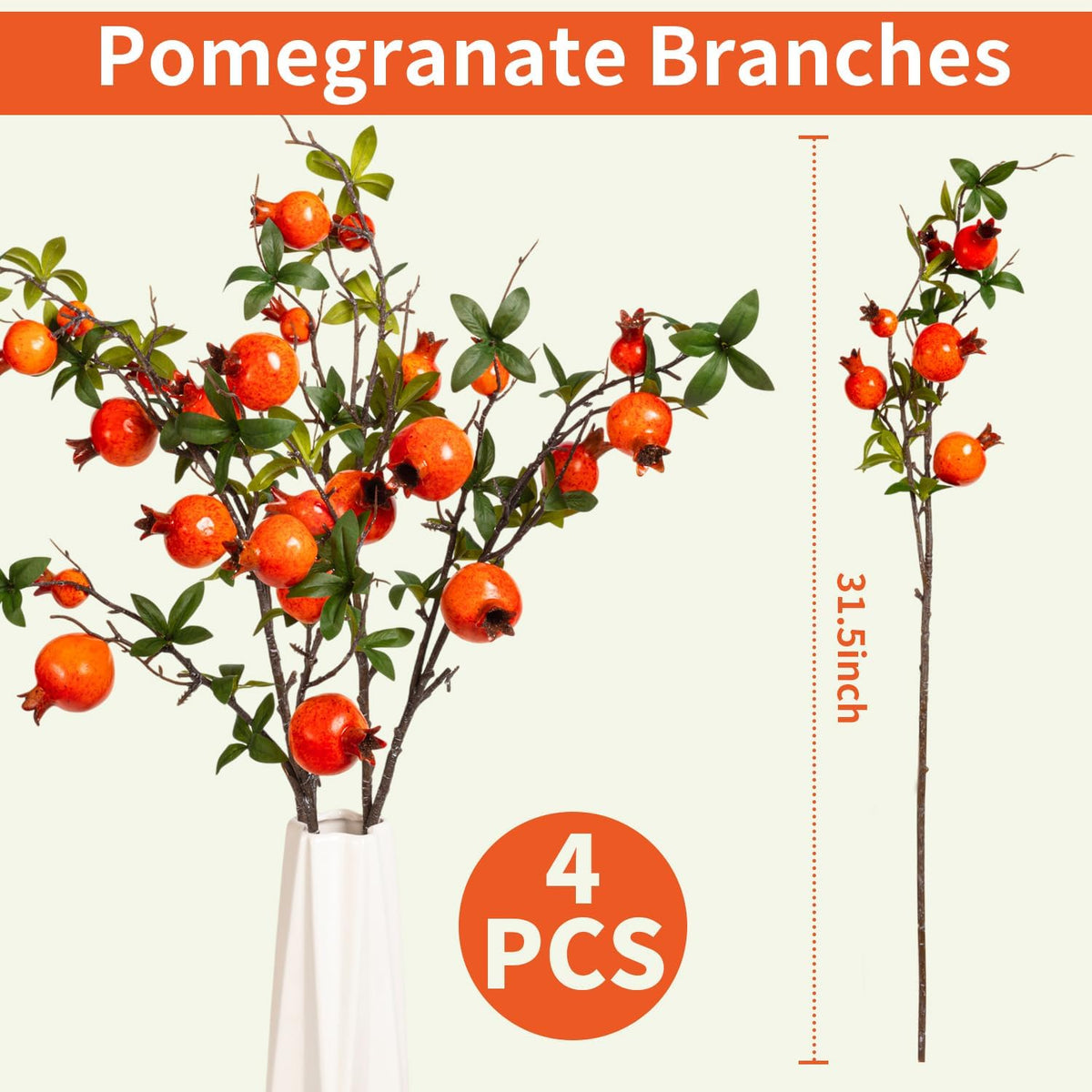 4Pcs 31.5 Inch Artificial Pomegranate Branches, Fake Fruit Branch