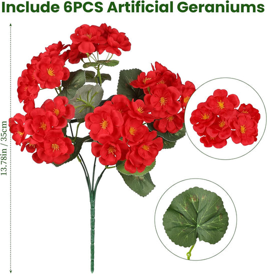 Artificial Geranium Flowers for Outdoors, 6 Bundles Realistic Silk Fake Geranium, No Fade Faux Plants for Hanging Baskets, Window Boxes, Pots - Porch, Patio, Balcony Decor(White)