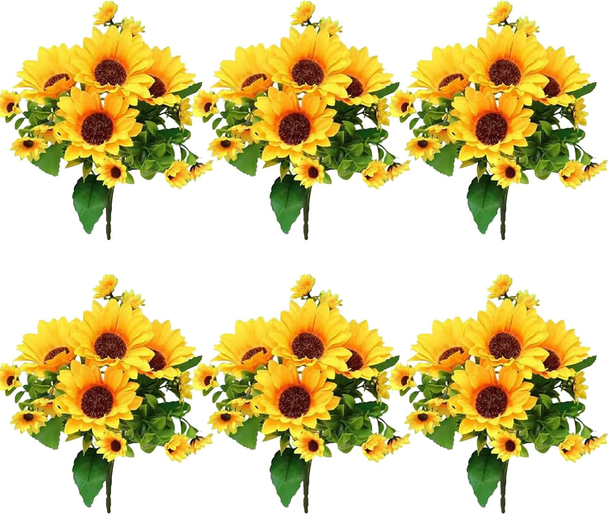 6 Pack Sunflower Artificial Flowers Artificial Sunflower Bouquets Silk Sunflowers with Stems fake sunflowers for Indoor Outdoor Sunflower Heads for Wedding Home Office Parties Summer Decoration