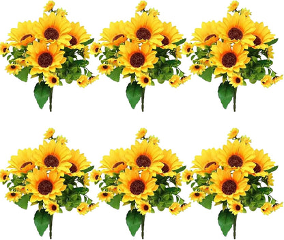 6 Pack Sunflower Artificial Flowers Artificial Sunflower Bouquets Silk Sunflowers with Stems fake sunflowers for Indoor Outdoor Sunflower Heads for Wedding Home Office Parties Summer Decoration