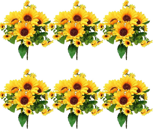 6 Pack Sunflower Artificial Flowers Artificial Sunflower Bouquets Silk Sunflowers with Stems fake sunflowers for Indoor Outdoor Sunflower Heads for Wedding Home Office Parties Summer Decoration