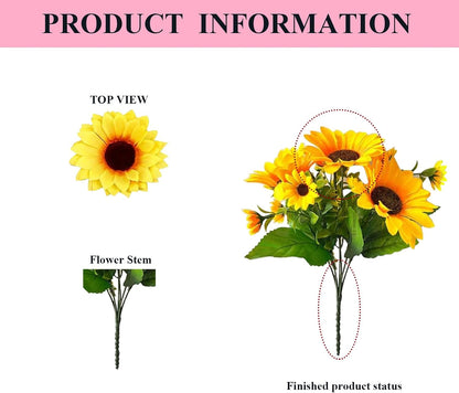 6 Pack Sunflower Artificial Flowers Artificial Sunflower Bouquets Silk Sunflowers with Stems fake sunflowers for Indoor Outdoor Sunflower Heads for Wedding Home Office Parties Summer Decoration