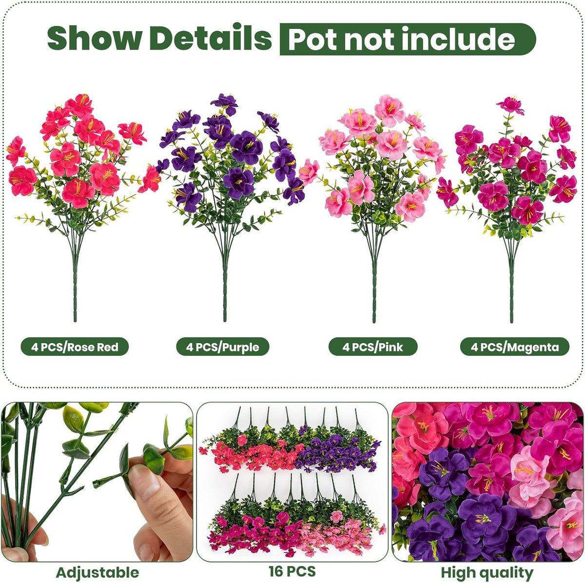 16 Bundles Realistic Artificial Camellia Flowers for Outdoor, UV Resistant Faux Lifelike Fake Flowers for Home Decor, Wedding, Centerpiece（Purple/Magenta/Rose Red/Pink）