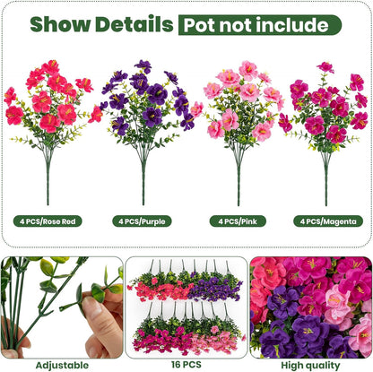 16 Bundles Realistic Artificial Camellia Flowers for Outdoor, UV Resistant Faux Lifelike Fake Flowers for Home Decor, Wedding, Centerpiece（Purple/Magenta/Rose Red/Pink）