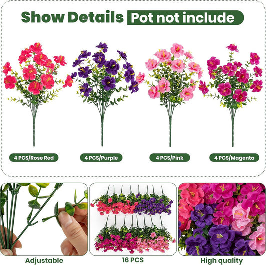 16 Bundles Realistic Artificial Camellia Flowers for Outdoor, UV Resistant Faux Lifelike Fake Flowers for Home Decor, Wedding, Centerpiece（Purple/Magenta/Rose Red/Pink）