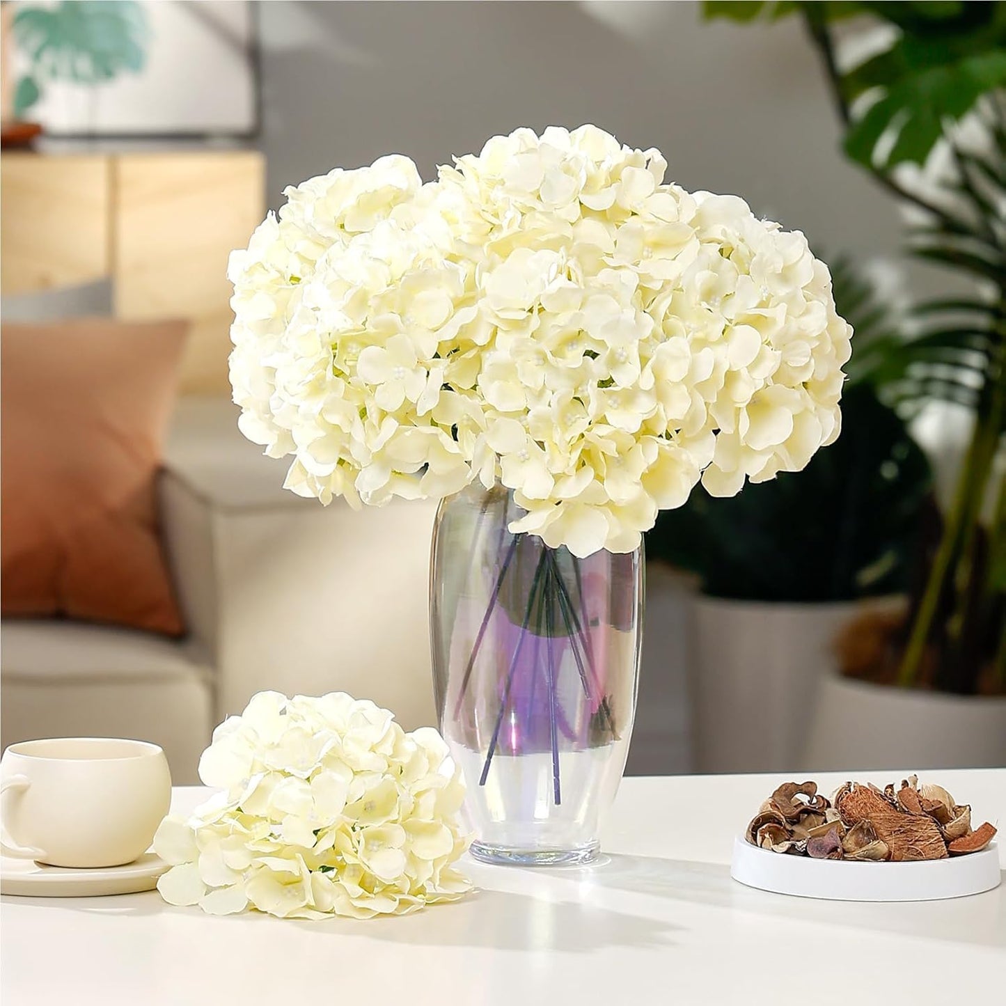 10PCS Hydrangea Artificial Flowers, Faux White Flowers for Wedding Centerpieces, DIY Bouquets, Bridal Shower, Floral Decor Home Decoration with Stems (VASE NOT Included)
