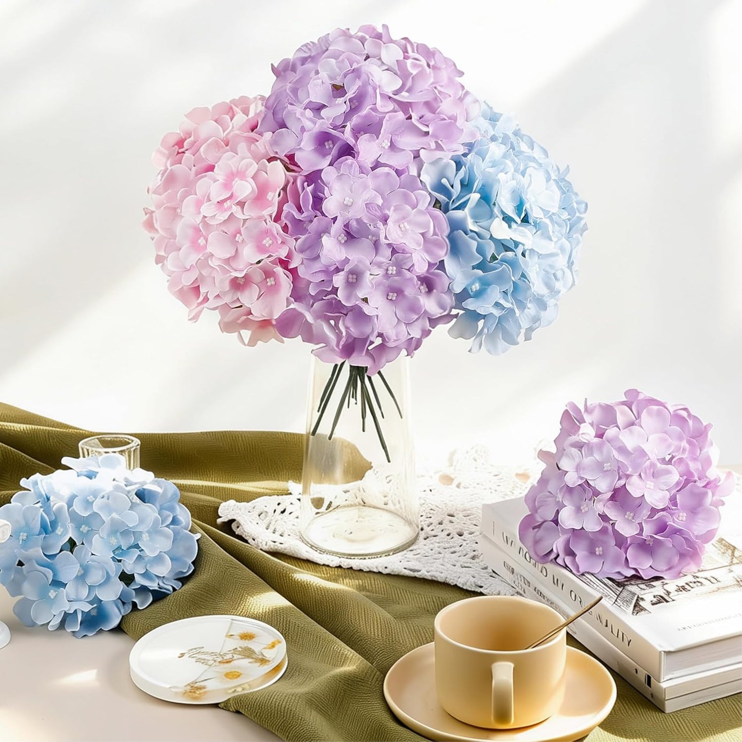 10PCS Hydrangea Artificial Flowers, Faux White Flowers for Wedding Centerpieces, DIY Bouquets, Bridal Shower, Floral Decor Home Decoration with Stems (VASE NOT Included)