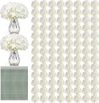 10PCS Hydrangea Artificial Flowers, Faux White Flowers for Wedding Centerpieces, DIY Bouquets, Bridal Shower, Floral Decor Home Decoration with Stems (VASE NOT Included)