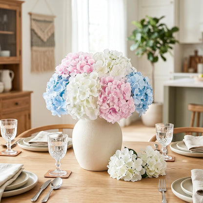 10PCS Hydrangea Artificial Flowers, Faux White Flowers for Wedding Centerpieces, DIY Bouquets, Bridal Shower, Floral Decor Home Decoration with Stems (VASE NOT Included)