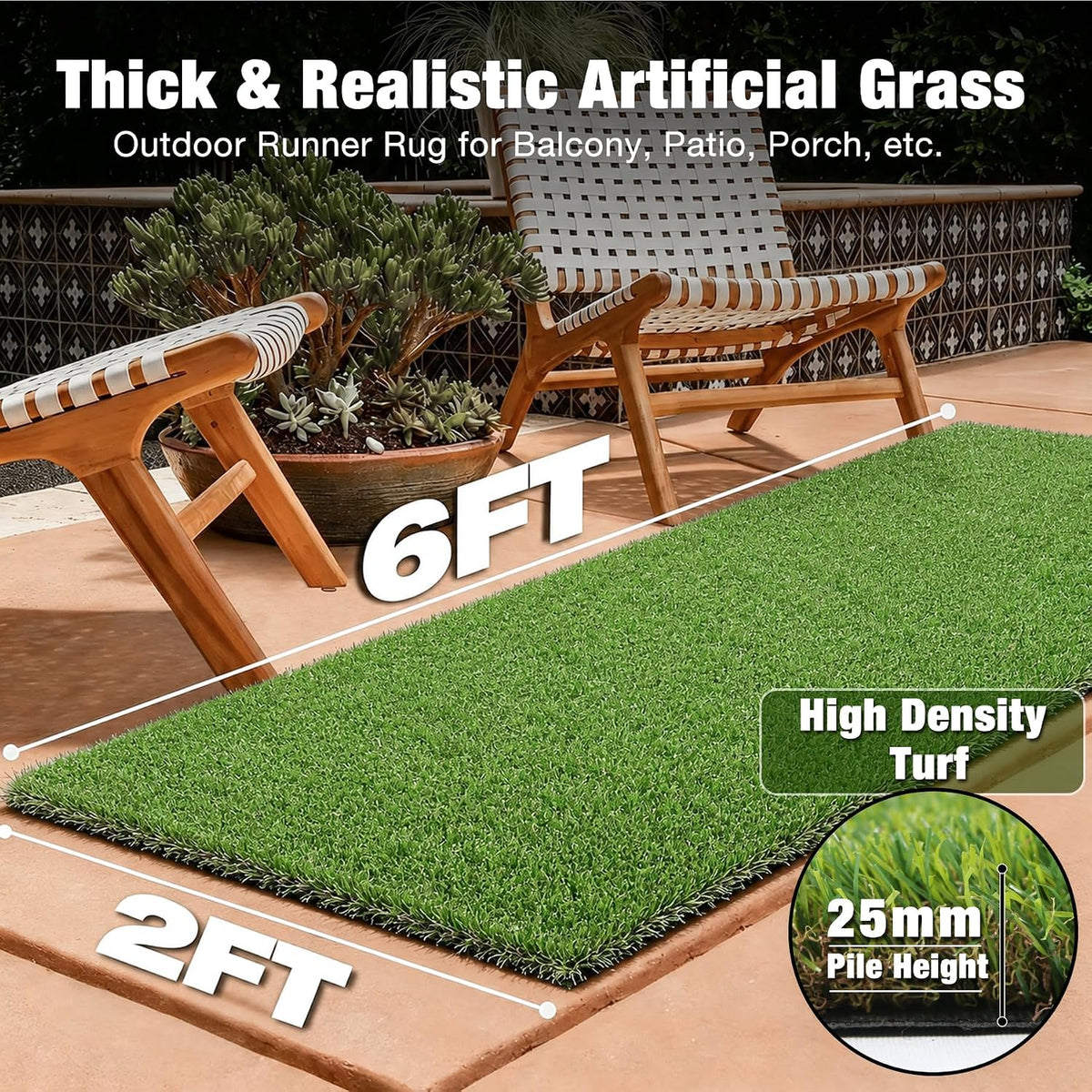 2FTX6FT Artificial Grass Runner Rug - Thick Outdoor Realistic Pets Friendly Fake Grass Pads for Dogs Potty Patio Balcony, 1" Pile Height