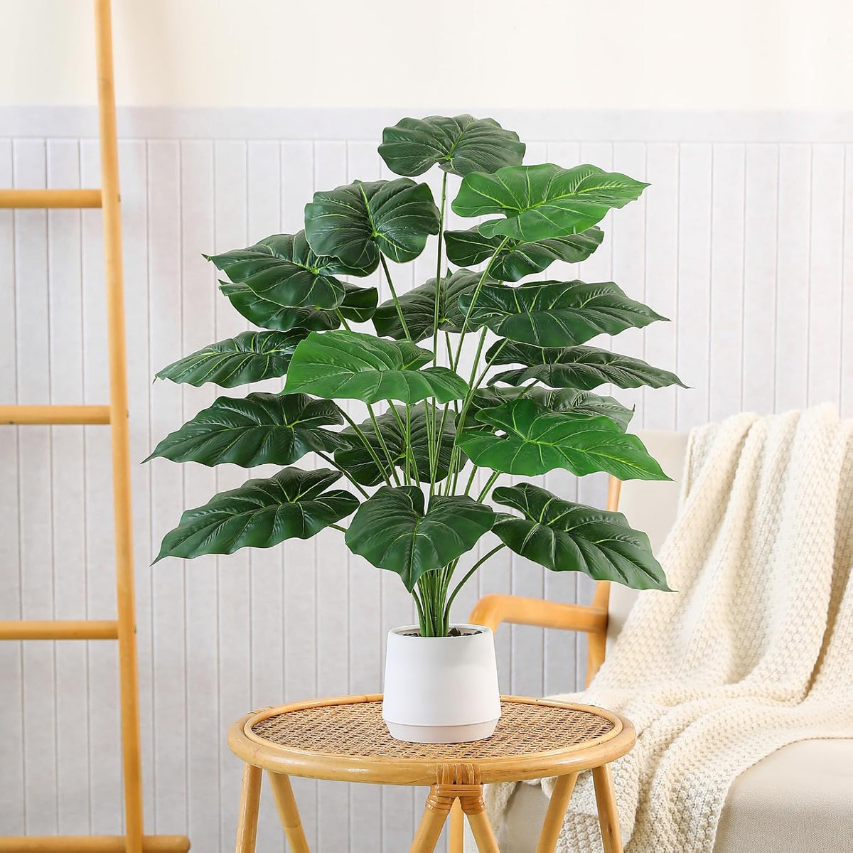 28'' Artificial Alocasia Tall Fake Plants with White Planter Pre-Assembled