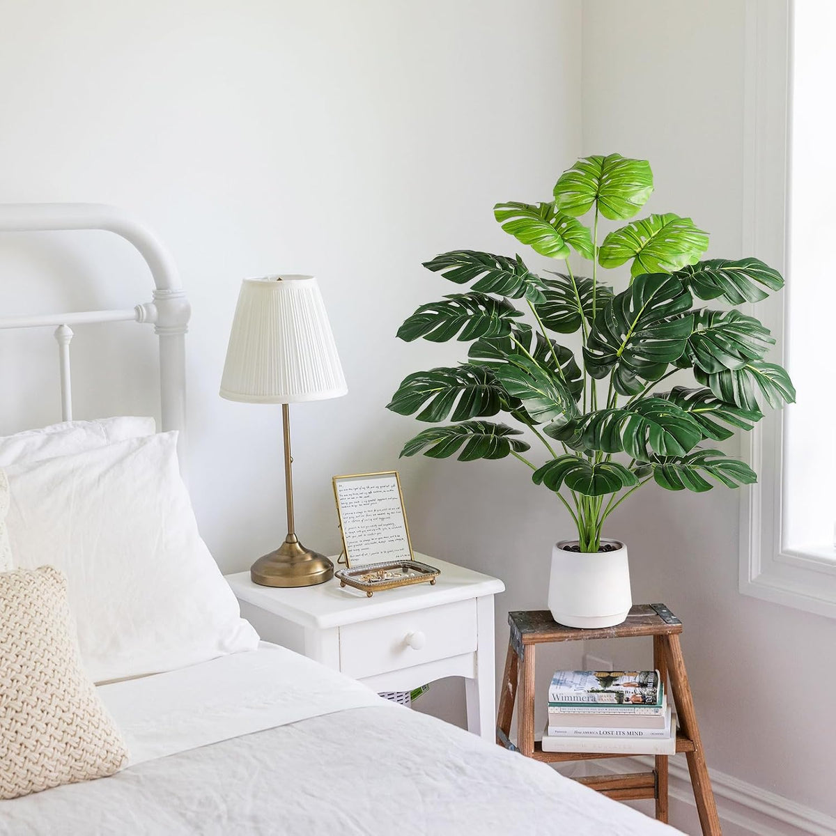 28'' Artificial Alocasia Tall Fake Plants with White Planter Pre-Assembled