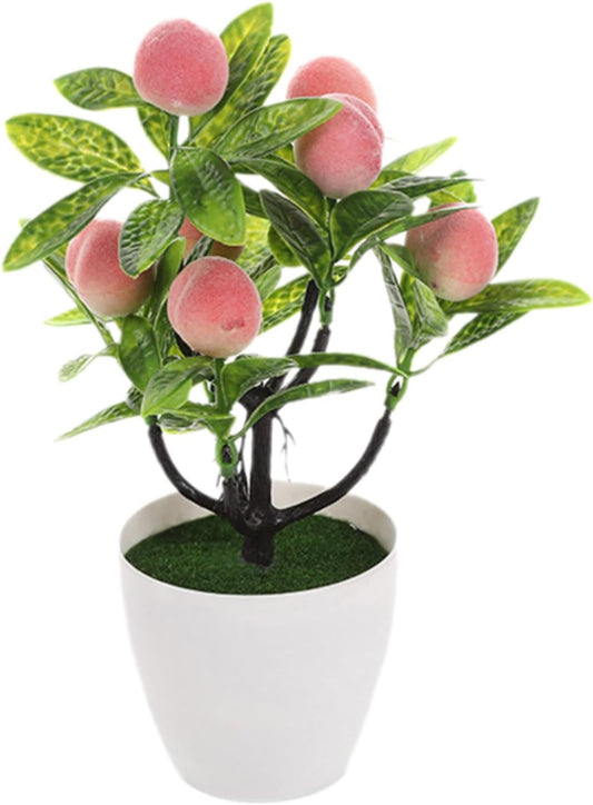 Mini Artificial Fruit Tree Potted Fake Bonsai Plant with Pot Decorative Lifelike Peach Strawberry Pomegranate Lemon Apple Orange Red Berry Tree for Home Office Desk Scenery Arrangement (Peach)