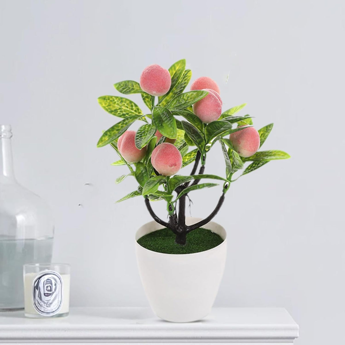 Mini Artificial Fruit Tree Potted Fake Bonsai Plant with Pot Decorative Lifelike Peach Strawberry Pomegranate Lemon Apple Orange Red Berry Tree for Home Office Desk Scenery Arrangement (Peach)