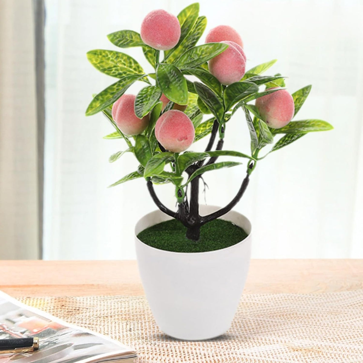 Mini Artificial Fruit Tree Potted Fake Bonsai Plant with Pot Decorative Lifelike Peach Strawberry Pomegranate Lemon Apple Orange Red Berry Tree for Home Office Desk Scenery Arrangement (Peach)