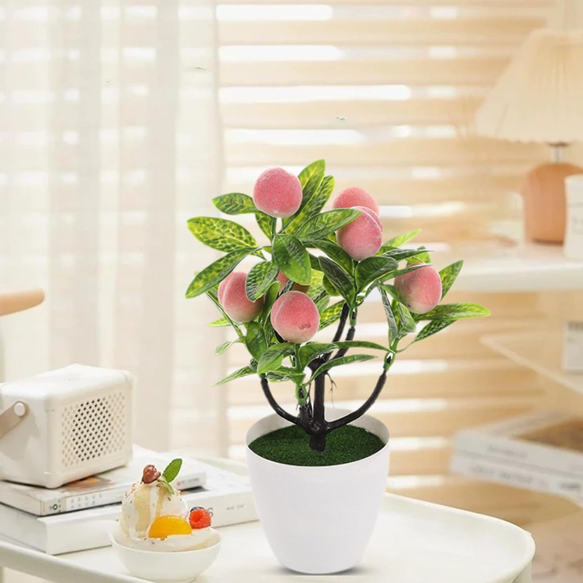 Mini Artificial Fruit Tree Potted Fake Bonsai Plant with Pot Decorative Lifelike Peach Strawberry Pomegranate Lemon Apple Orange Red Berry Tree for Home Office Desk Scenery Arrangement (Peach)