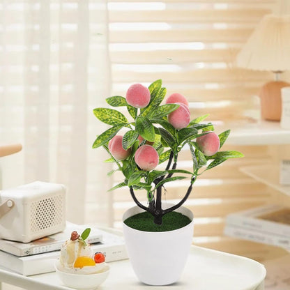 Mini Artificial Fruit Tree Potted Fake Bonsai Plant with Pot Decorative Lifelike Peach Strawberry Pomegranate Lemon Apple Orange Red Berry Tree for Home Office Desk Scenery Arrangement (Peach)