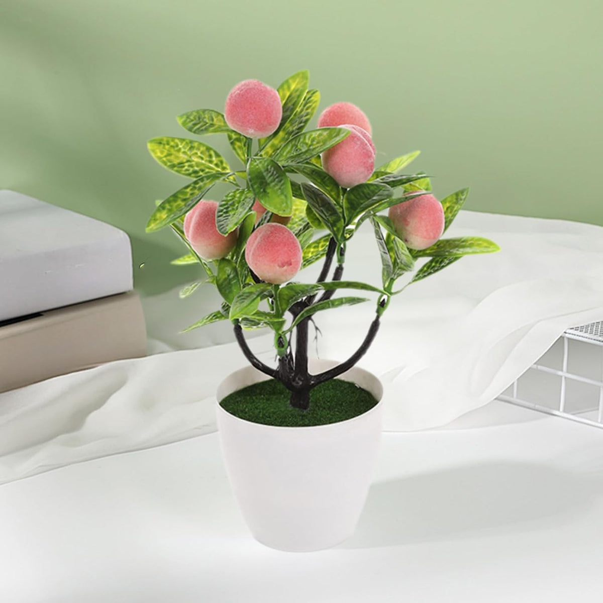 Mini Artificial Fruit Tree Potted Fake Bonsai Plant with Pot Decorative Lifelike Peach Strawberry Pomegranate Lemon Apple Orange Red Berry Tree for Home Office Desk Scenery Arrangement (Peach)