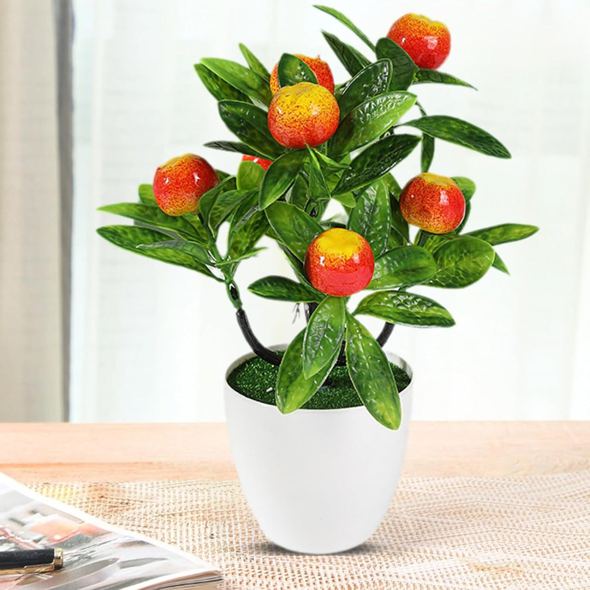 Mini Artificial Fruit Tree Potted Fake Bonsai Plant with Pot Decorative Lifelike Peach Strawberry Pomegranate Lemon Apple Orange Red Berry Tree for Home Office Desk Scenery Arrangement (Peach)