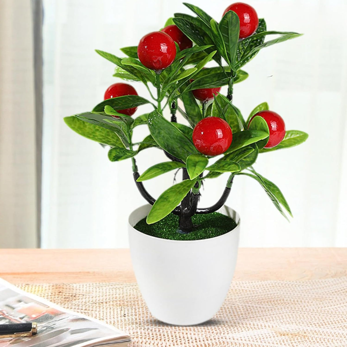Mini Artificial Fruit Tree Potted Fake Bonsai Plant with Pot Decorative Lifelike Peach Strawberry Pomegranate Lemon Apple Orange Red Berry Tree for Home Office Desk Scenery Arrangement (Peach)