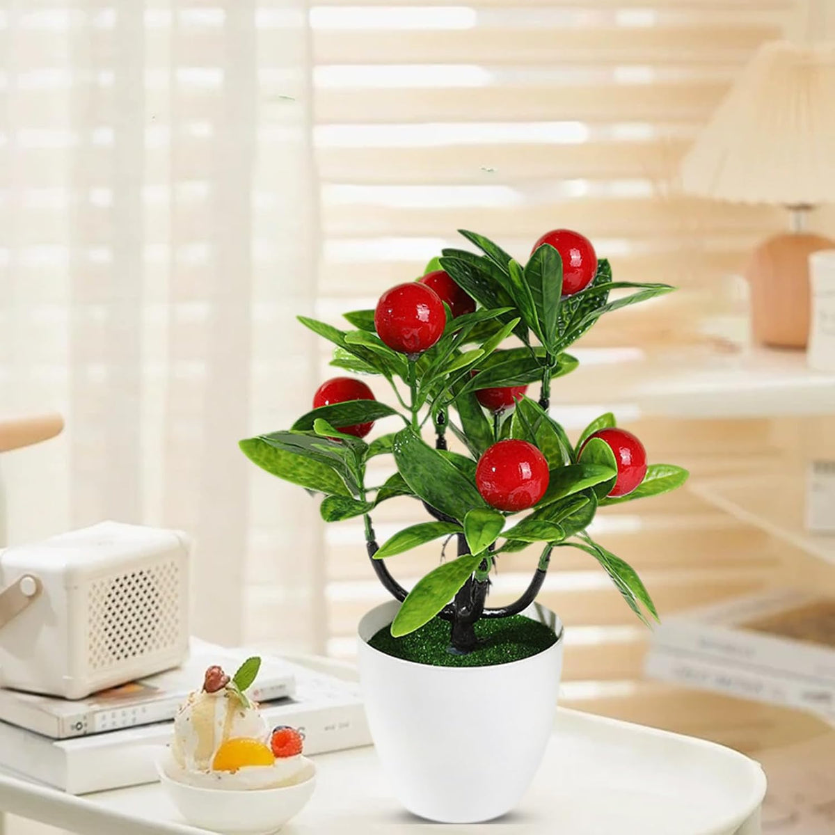 Mini Artificial Fruit Tree Potted Fake Bonsai Plant with Pot Decorative Lifelike Peach Strawberry Pomegranate Lemon Apple Orange Red Berry Tree for Home Office Desk Scenery Arrangement (Peach)