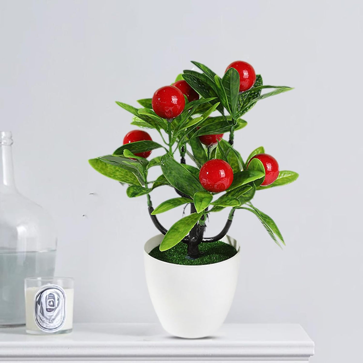 Mini Artificial Fruit Tree Potted Fake Bonsai Plant with Pot Decorative Lifelike Peach Strawberry Pomegranate Lemon Apple Orange Red Berry Tree for Home Office Desk Scenery Arrangement (Peach)