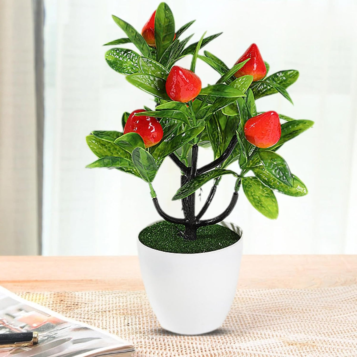 Mini Artificial Fruit Tree Potted Fake Bonsai Plant with Pot Decorative Lifelike Peach Strawberry Pomegranate Lemon Apple Orange Red Berry Tree for Home Office Desk Scenery Arrangement (Peach)