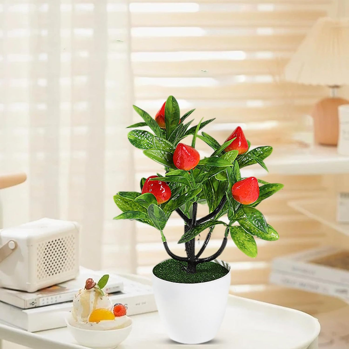 Mini Artificial Fruit Tree Potted Fake Bonsai Plant with Pot Decorative Lifelike Peach Strawberry Pomegranate Lemon Apple Orange Red Berry Tree for Home Office Desk Scenery Arrangement (Peach)