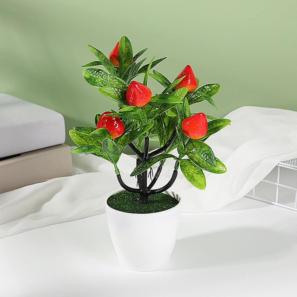 Mini Artificial Fruit Tree Potted Fake Bonsai Plant with Pot Decorative Lifelike Peach Strawberry Pomegranate Lemon Apple Orange Red Berry Tree for Home Office Desk Scenery Arrangement (Peach)