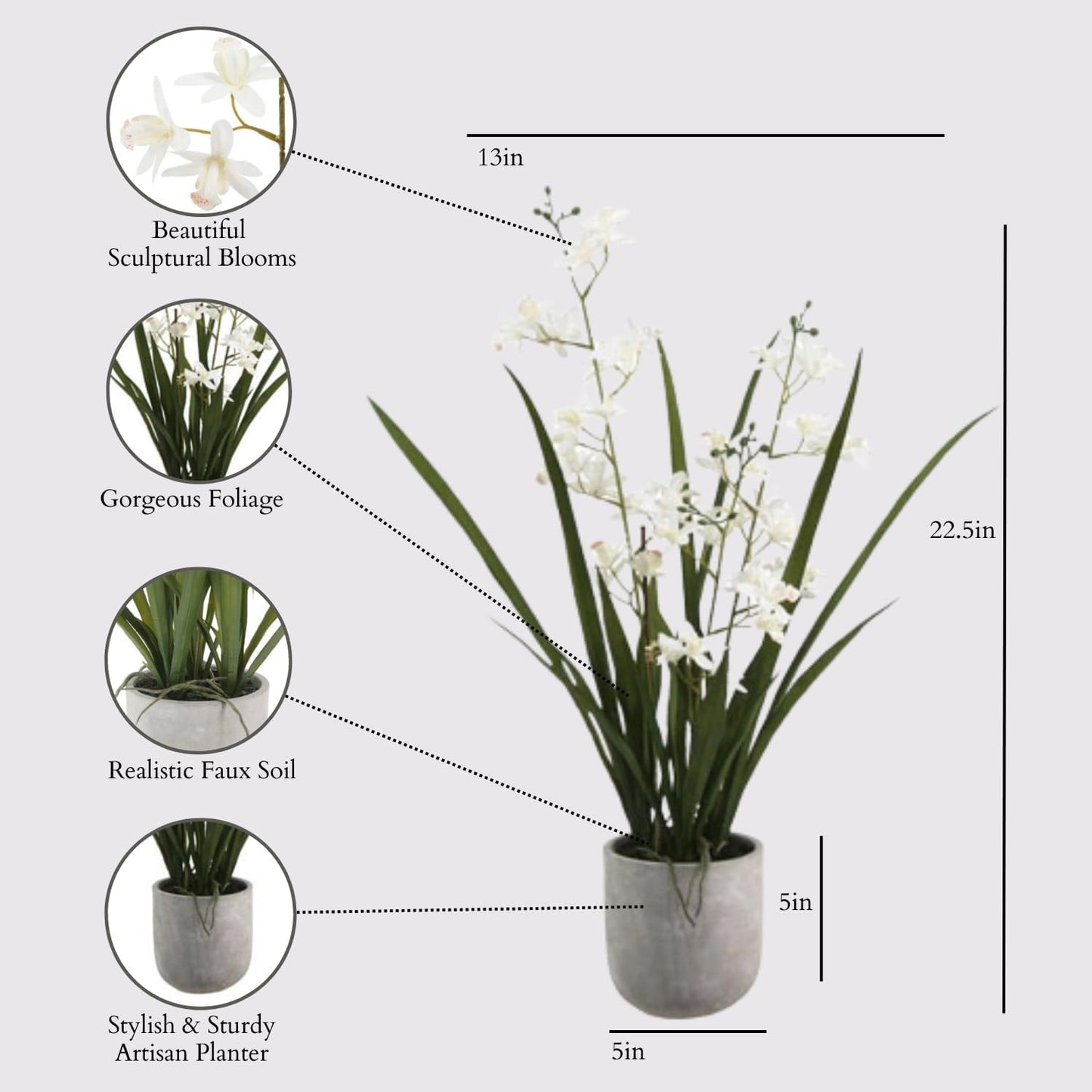 Faux Orchid Plant w/Succulents, Premium Artificial Indoor Flower Display Stands 24” w/Beautiful Sculptural Blooms and Succulents that Lasts Forever, Grey Planter Pot Included
