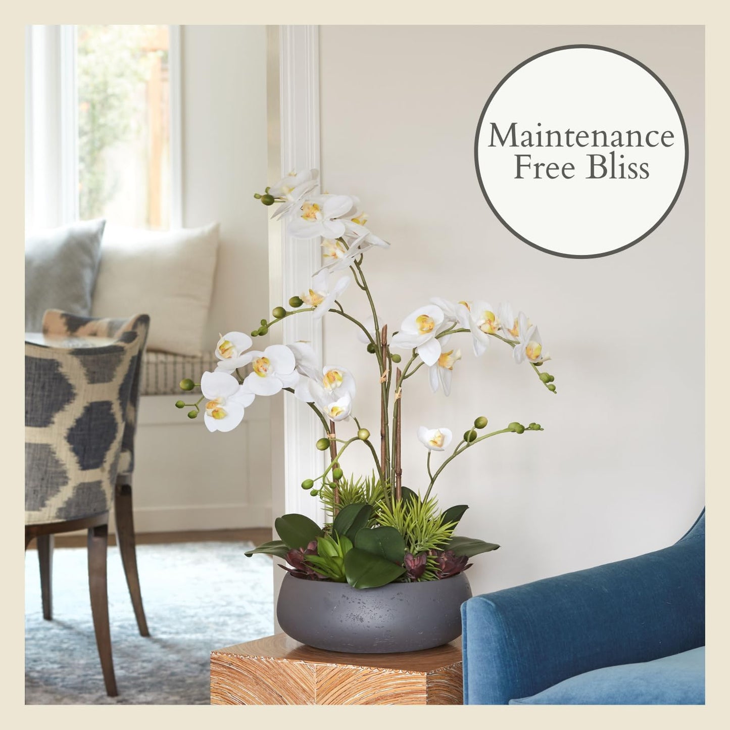 Faux Orchid Plant w/Succulents, Premium Artificial Indoor Flower Display Stands 24” w/Beautiful Sculptural Blooms and Succulents that Lasts Forever, Grey Planter Pot Included