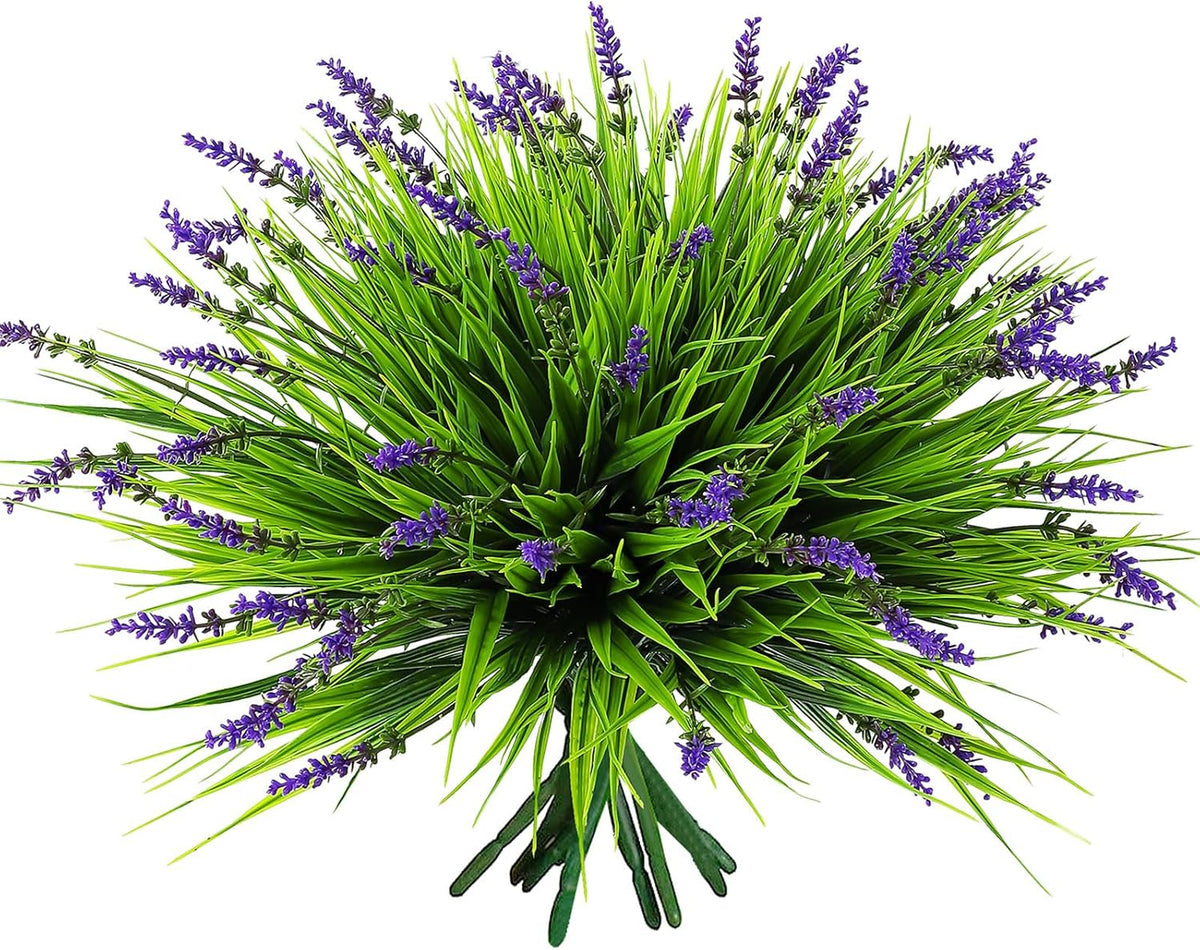 12 Bundles Artificial Grass Fake Plants，Outdoor Fake Monkey Tail Grass with Flowers for Pot UV Resistant Lavender Patio Garden Porch Home Window Hanging Planter Decor Faux Plastic Shrubs(Puper+Green)