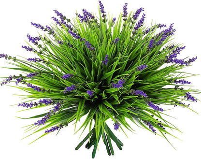 12 Bundles Artificial Grass Fake Plants，Outdoor Fake Monkey Tail Grass with Flowers for Pot UV Resistant Lavender Patio Garden Porch Home Window Hanging Planter Decor Faux Plastic Shrubs(Puper+Green)