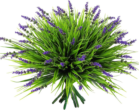 12 Bundles Artificial Grass Fake Plants，Outdoor Fake Monkey Tail Grass with Flowers for Pot UV Resistant Lavender Patio Garden Porch Home Window Hanging Planter Decor Faux Plastic Shrubs(Puper+Green)