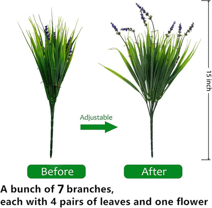 12 Bundles Artificial Grass Fake Plants，Outdoor Fake Monkey Tail Grass with Flowers for Pot UV Resistant Lavender Patio Garden Porch Home Window Hanging Planter Decor Faux Plastic Shrubs(Puper+Green)