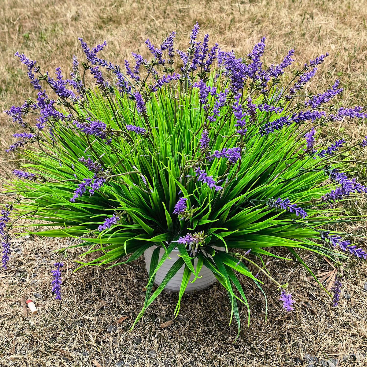 12 Bundles Artificial Grass Fake Plants，Outdoor Fake Monkey Tail Grass with Flowers for Pot UV Resistant Lavender Patio Garden Porch Home Window Hanging Planter Decor Faux Plastic Shrubs(Puper+Green)