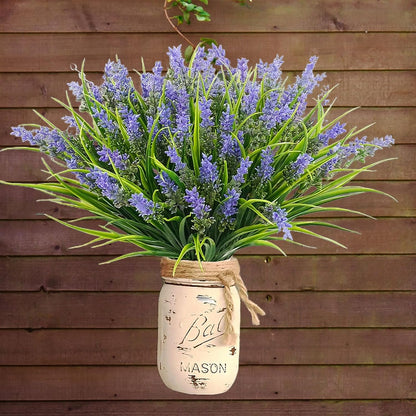 12 Bundles Artificial Grass Fake Plants，Outdoor Fake Monkey Tail Grass with Flowers for Pot UV Resistant Lavender Patio Garden Porch Home Window Hanging Planter Decor Faux Plastic Shrubs(Puper+Green)