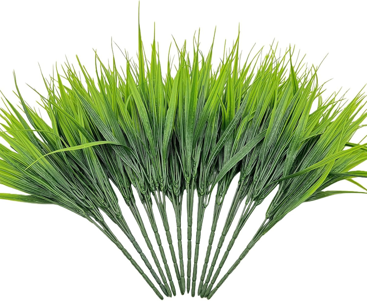 12 Bundles Artificial Grass Fake Plants，Outdoor Fake Monkey Tail Grass with Flowers for Pot UV Resistant Lavender Patio Garden Porch Home Window Hanging Planter Decor Faux Plastic Shrubs(Puper+Green)