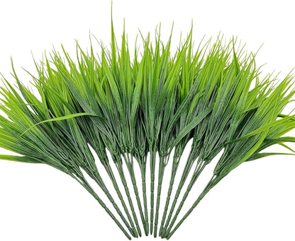 12 Bundles Artificial Grass Fake Plants，Outdoor Fake Monkey Tail Grass with Flowers for Pot UV Resistant Lavender Patio Garden Porch Home Window Hanging Planter Decor Faux Plastic Shrubs(Puper+Green)