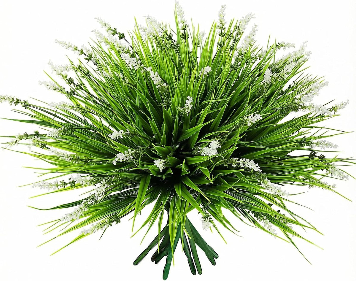12 Bundles Artificial Grass Fake Plants，Outdoor Fake Monkey Tail Grass with Flowers for Pot UV Resistant Lavender Patio Garden Porch Home Window Hanging Planter Decor Faux Plastic Shrubs(Puper+Green)