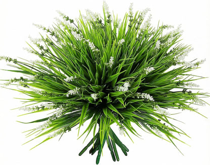 12 Bundles Artificial Grass Fake Plants，Outdoor Fake Monkey Tail Grass with Flowers for Pot UV Resistant Lavender Patio Garden Porch Home Window Hanging Planter Decor Faux Plastic Shrubs(Puper+Green)