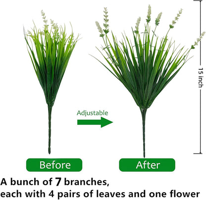 12 Bundles Artificial Grass Fake Plants，Outdoor Fake Monkey Tail Grass with Flowers for Pot UV Resistant Lavender Patio Garden Porch Home Window Hanging Planter Decor Faux Plastic Shrubs(Puper+Green)