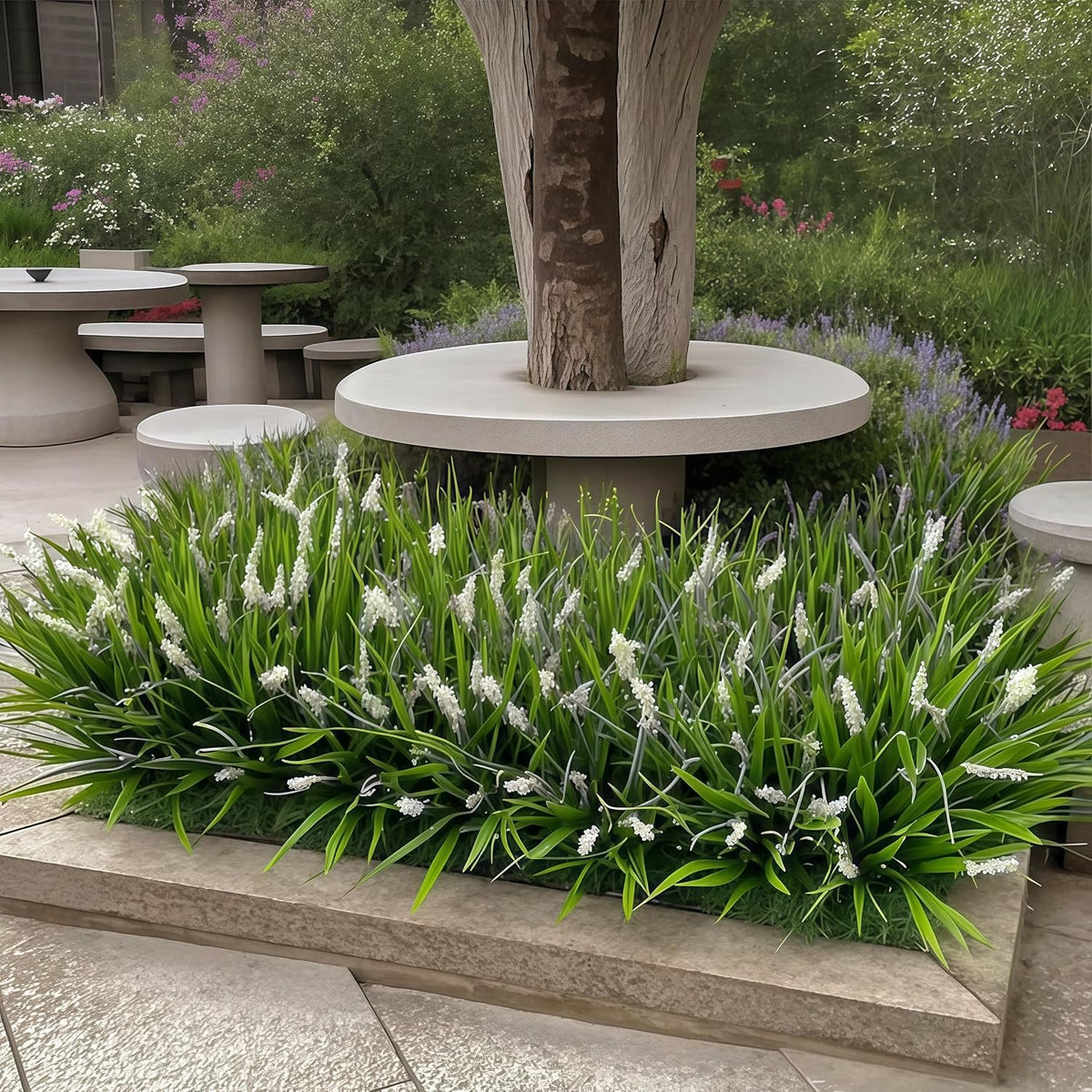12 Bundles Artificial Grass Fake Plants，Outdoor Fake Monkey Tail Grass with Flowers for Pot UV Resistant Lavender Patio Garden Porch Home Window Hanging Planter Decor Faux Plastic Shrubs(Puper+Green)