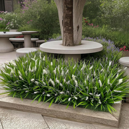 12 Bundles Artificial Grass Fake Plants，Outdoor Fake Monkey Tail Grass with Flowers for Pot UV Resistant Lavender Patio Garden Porch Home Window Hanging Planter Decor Faux Plastic Shrubs(Puper+Green)