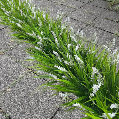 12 Bundles Artificial Grass Fake Plants，Outdoor Fake Monkey Tail Grass with Flowers for Pot UV Resistant Lavender Patio Garden Porch Home Window Hanging Planter Decor Faux Plastic Shrubs(Puper+Green)