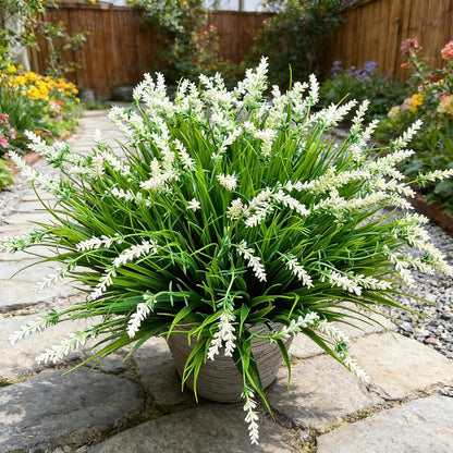12 Bundles Artificial Grass Fake Plants，Outdoor Fake Monkey Tail Grass with Flowers for Pot UV Resistant Lavender Patio Garden Porch Home Window Hanging Planter Decor Faux Plastic Shrubs(Puper+Green)