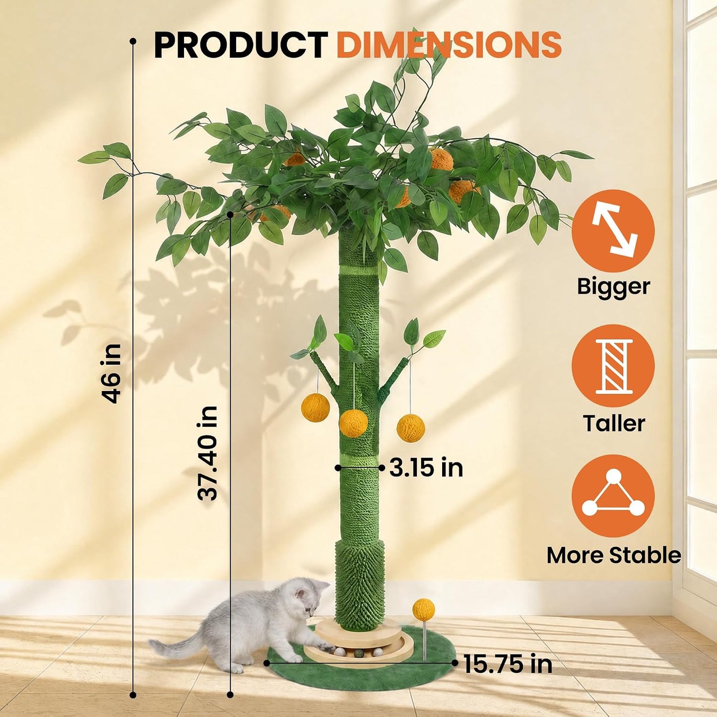 46" Extra Tall Cat Scratching Post for Large Cats, Heavy Duty Vertical Scratcher with Natural Sisal Rope, Stable Climbing Pole with Hanging Ball for Full Body Stretching