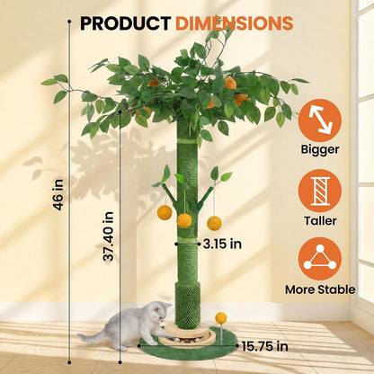 46" Extra Tall Cat Scratching Post for Large Cats, Heavy Duty Vertical Scratcher with Natural Sisal Rope, Stable Climbing Pole with Hanging Ball for Full Body Stretching