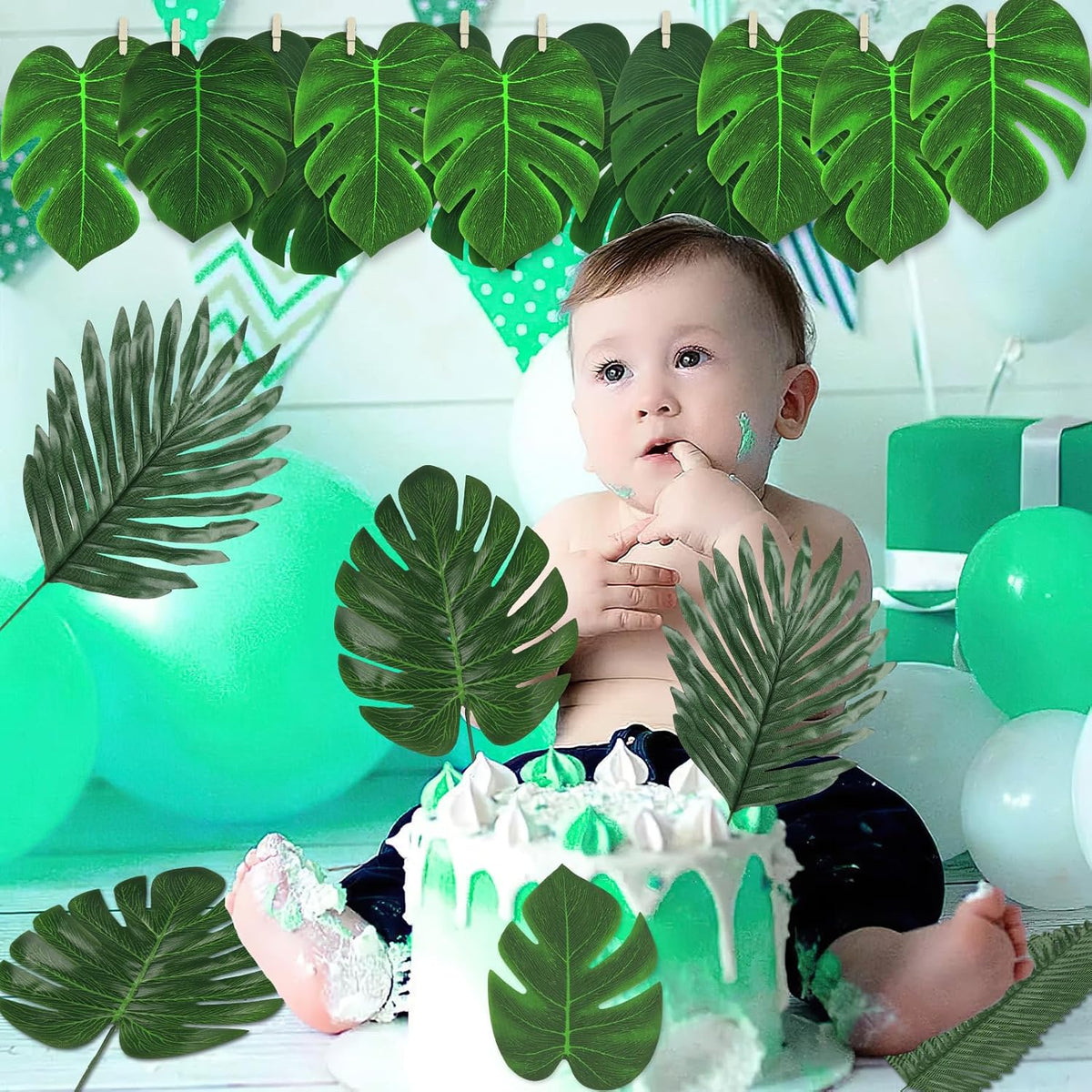 7 Kinds Artificial Tropical Leaf Jungle Leaves Plant Safari Leaves Decorations Fake Palm Leaf with Stems for Hawaiian Luau Party Table Beach Birthday Wedding Theme Party Decorations